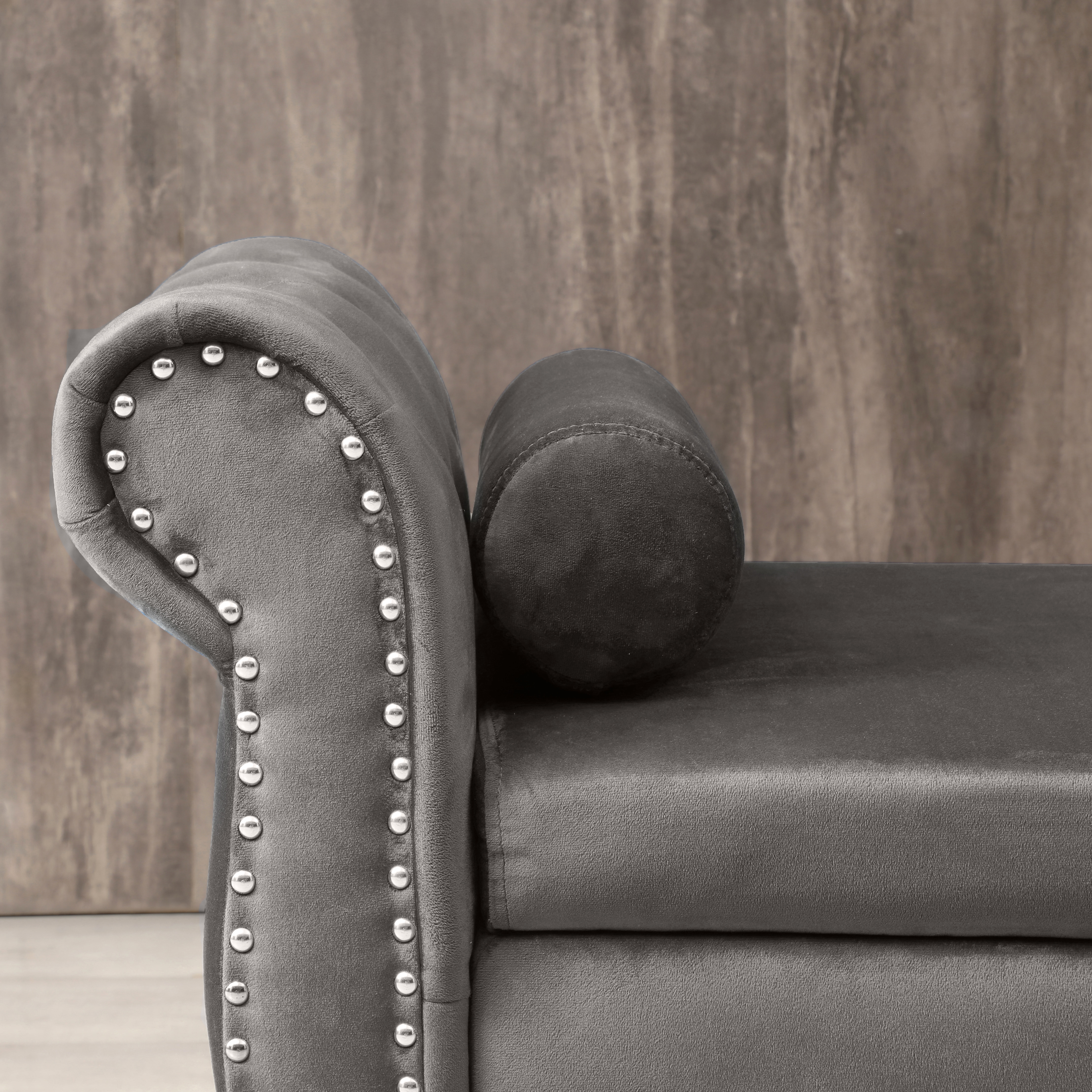 Aijia 63" Velvet Multifunctional Storage Rectangular Sofa Stool Buttons Tufted Nailhead Trimmed Solid Wood Legs With 1 Pillow,Grey_voghion.com